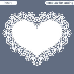 Greeting card with openwork border, paper doily under the cake, template for cutting in the form of heart, valentine card,  wedding invitation, decorative plate is laser cut,  vector illustrations.