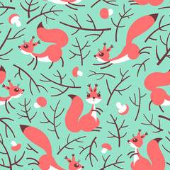 Little cute squirrels in the fall forest. Seamless autumn pattern for gift wrapping, wallpaper, childrens room or clothing.