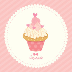 Cupcake decorate with heart toppings stripe pink pastel background on vintage style