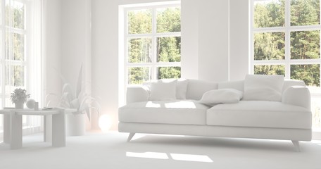 White room with sofa and green landscape in window. Scandinavian interior design. 3D illustration