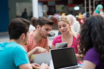A group of teenagers sitting at the table in cafe, using laptop and drinking orange juice.
