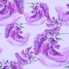 Watercolor seamless vintage pattern with a branch of lilac, flowers, splash of paint. Beautiful, stylish and fashionable background