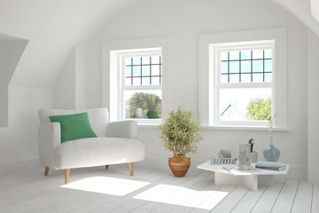 White room with armchair and green landscape in window. Scandinavian interior design. 3D illustration