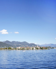 Fototapeta na wymiar Lago Maggiore and Isola dei Pescatori seen from Stresa town Italy, Europe, end october 2016