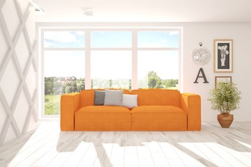 Fototapeta premium White room with sofa and green landscape in window. Scandinavian interior design. 3D illustration