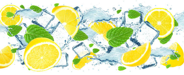 Lemon splash, water and ice cubes isolated