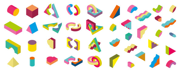 color blocks isometric Color Design elements in the Memphis style, 3d