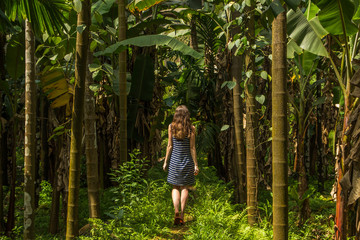 Young woman in the jungle in tropical spice plantation, Goa, India