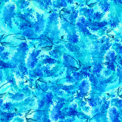 Fototapeta na wymiar Watercolor blue abstract vintage seamless background, pattern. With a vegetative pattern, leaves, stems, flowers, bloom, Twigs, splash of paint. Use in design, fabrics and so on.