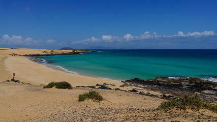 Fototapeta na wymiar White sand beach with turquoise water of Corralejo on the island of Fuerteventura