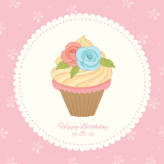 Illustration vector of vintage cupcake decorated to roses for birthday card on pink floral pattern background.