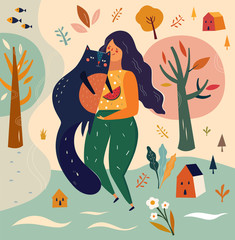 Vector illustration with girl and cat in cartoon style.