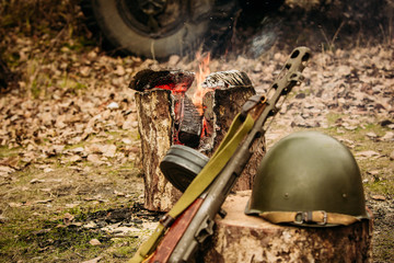 The weapon and helmet of the Soviet soldier