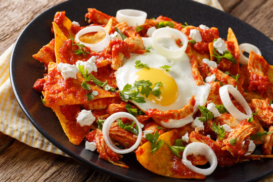 Mexican chilaquiles with fried egg and chicken close-up. horizontal