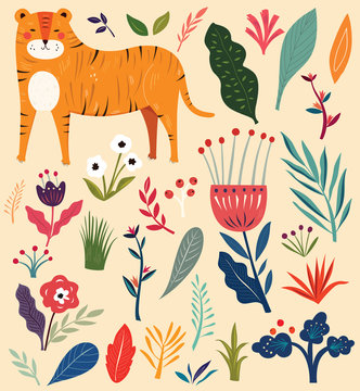 Vector illustration with tiger and flowers