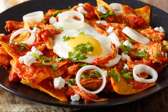 Mexican breakfast: chilaquiles with egg and chicken close-up. horizontal