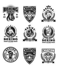 Set of boxing emblems, badges, stickers isolated on white.
