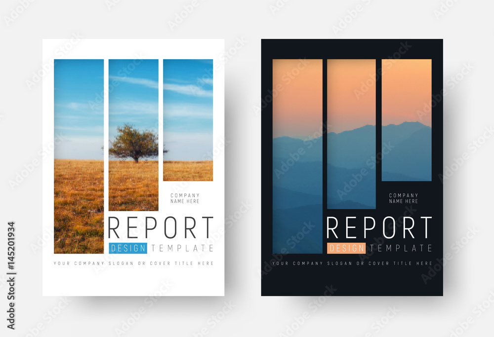 Poster set of white and black report covers with a landscape and mountains in a minimalist style