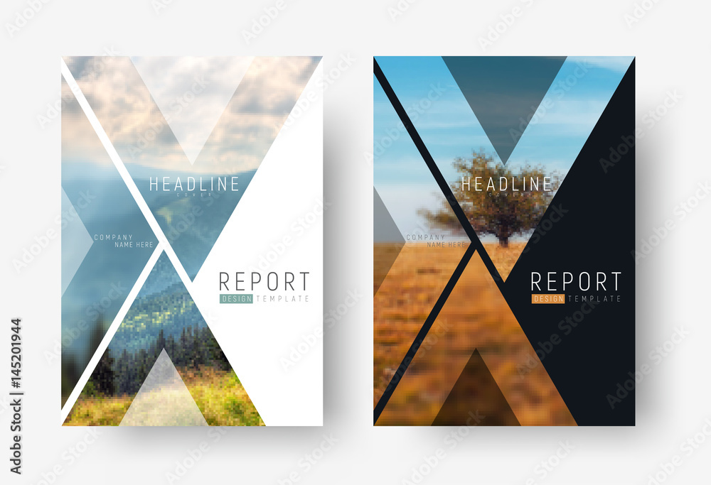 Poster Cover template for a report in a minimalistic style with triangular design elements for a photo.