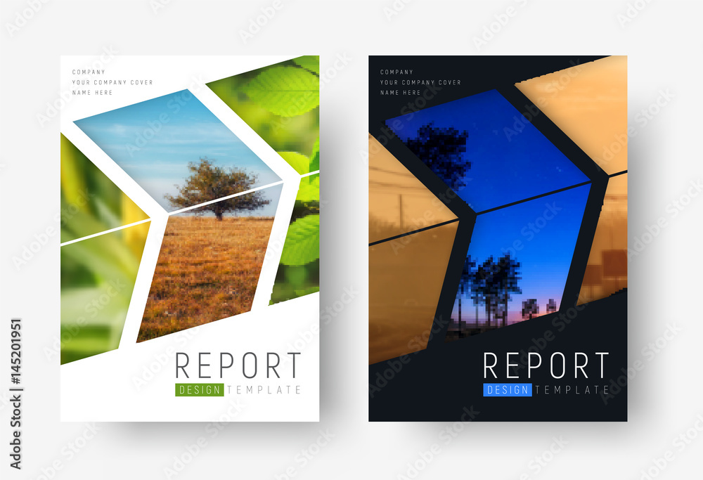 Poster design of the cover of the report with elements in the form of arrows for the photo.