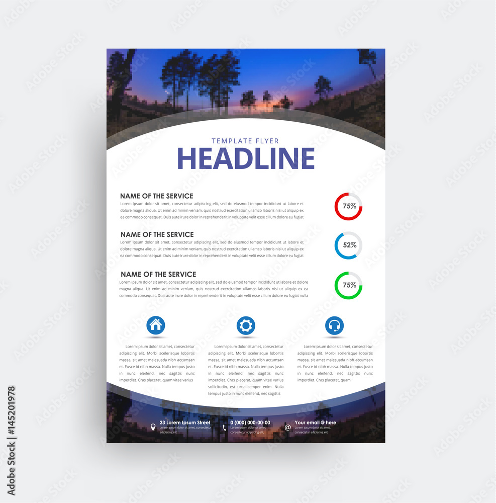 Poster Flyer format A4 format. Design of a cover with round elements and a photo of the sky.