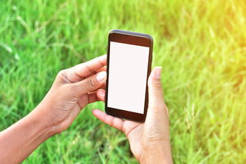 woman touch screen on smart phone with nature background.