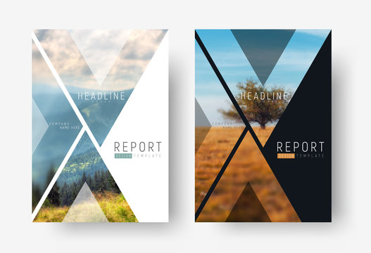 Cover template for a report in a minimalistic style with triangular design elements for a photo.
