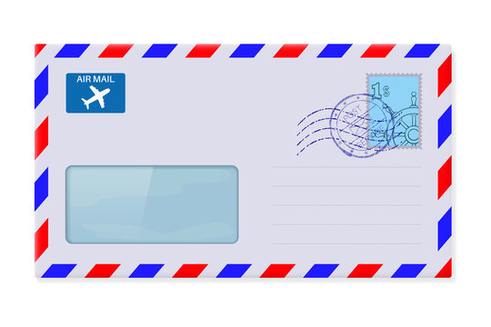 International mail envelope with address window and stamp