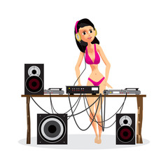 Summer party: Woman DJ in bikini and equipment, dance music. Set