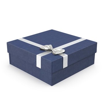 Square blue giftbox with lid tied with an ornamental silver ribbon on white. 3D illustration