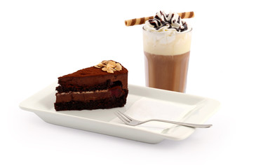 Chocolate cake and iced coffee 