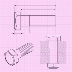 Metal bolt technical drawing on graph paper