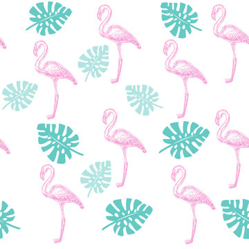 flamingo with monstera leaves seamless pattern