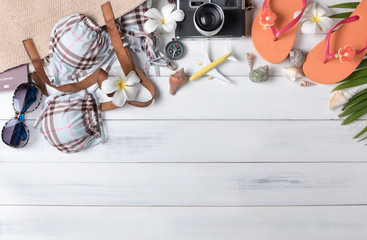 Travel accessories costumes. Passports, luggage, bikini