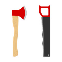 Ax and hacksaw on wood