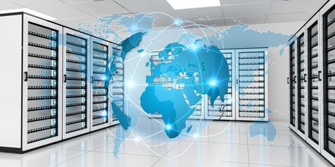 Obraz premium Earth network flying over server room data center 3D rendering