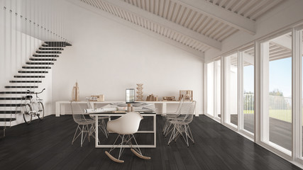 Minimalist white and gray office, architect and planning department, scandinavian interior design