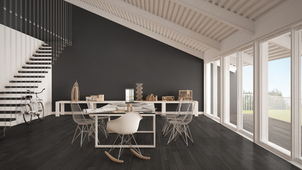 Minimalist white and gray office, architect and planning department, scandinavian interior design