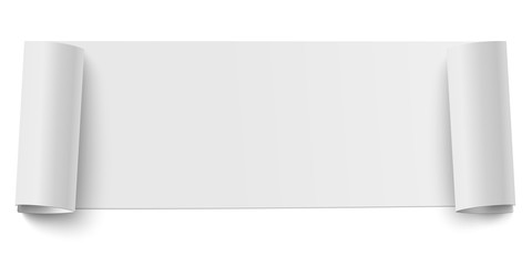 Vector oblong horizontal roll of white sticky paper with rolled both its ends with space for text isolated on white background. Template paper design for banner, ad and other aims.