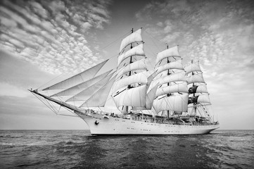  Tall Ship under sail with the shore in the background