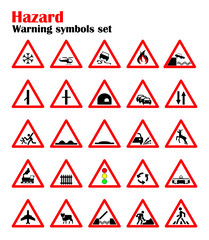 set road hazard warning signs, road signs warn about the situation of traffic rules, vector red triangle. set of symbols.