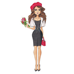 Parisian Girl Fashion Hand-Painted Illustration