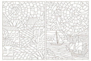 Set contour illustrations of the stained glass Windows with landscapes, town and seascapes