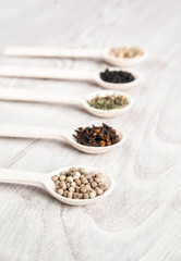 Various spices and herbs in wooden spoons on white table background. Aromatic food cooking ingredients. Black and white pepper, clove, savory, fennel seeds. Vertical photo, soft focus.