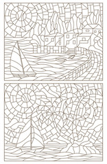 Set contour illustrations of stained glass with aquatic landscapes
