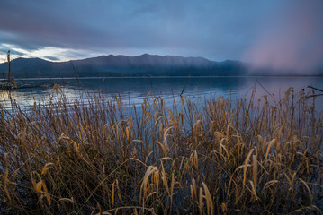 Serene lake view at sunset with the beautiful reflection of the blue sky. HOH RAIN FOREST, Olympic National Park, Washington state, USA