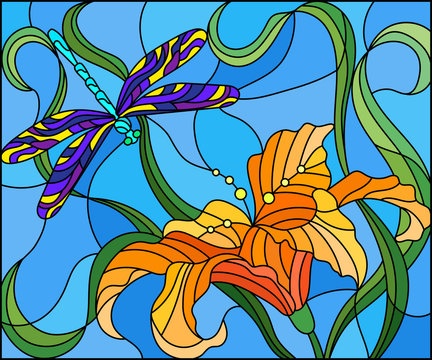 Illustration in stained glass style with bright dragonfly against the sky, foliage and flower of Lily