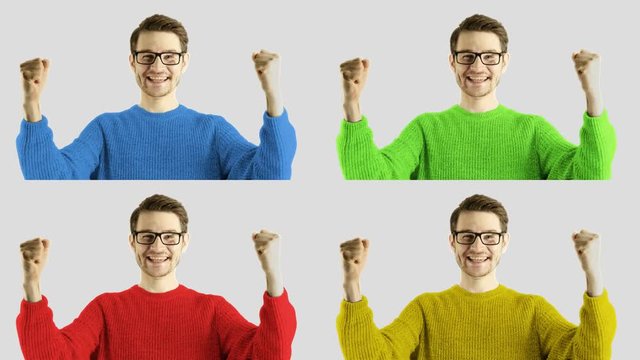 Emotional reaction funny laughing of clever hipster casual man isolated on white background with mask for changing colors and background Four different colors