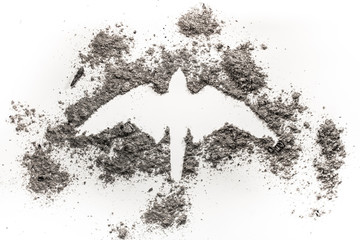 Naklejka premium Falcon, hawk, phoenix, eagle silhouette drawing made in ash as rebirth, birth, death, life, ecology disaster, fire, freedom concept symbol illustration