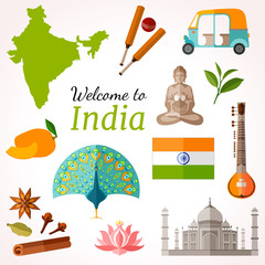 India travel banner with famous indian symbols, culture vector element, icons for journey design . Illustration in flat style with inscription.